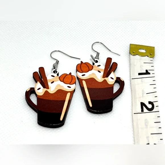 NWT Pumpkin Spice Latte Drop Dangle Earrings Lightweight Wood Fall Autumn - Picture 8 of 11